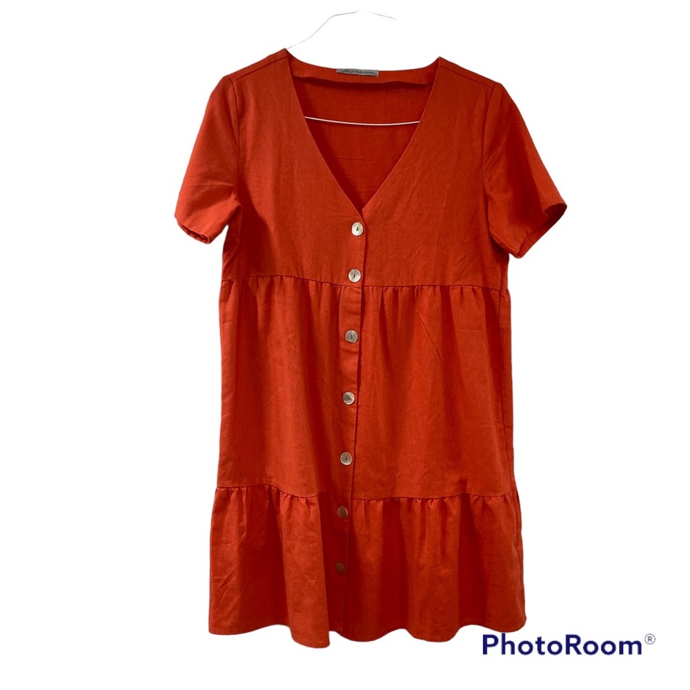 Arianna By Howards Linen Blend Orange Button Down Flowy Mini Dress size S/M